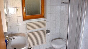 Une salle de bain avec un lavabo, des toilettes et une douche.