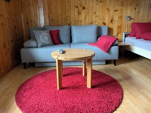 A room with a grey sofa, a wooden coffee table, and a red rug. - Hari Appartement/Fewo, Dusche, WC, 1 Schlafraum 1.5 Zimmerwohnung by Interhome (Adelboden)