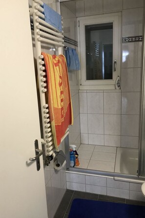 Ein Badezimmer mit Dusche, einem Handtuchhalter mit mehreren Handtüchern, einer Handseifenflasche und einem Fenster.