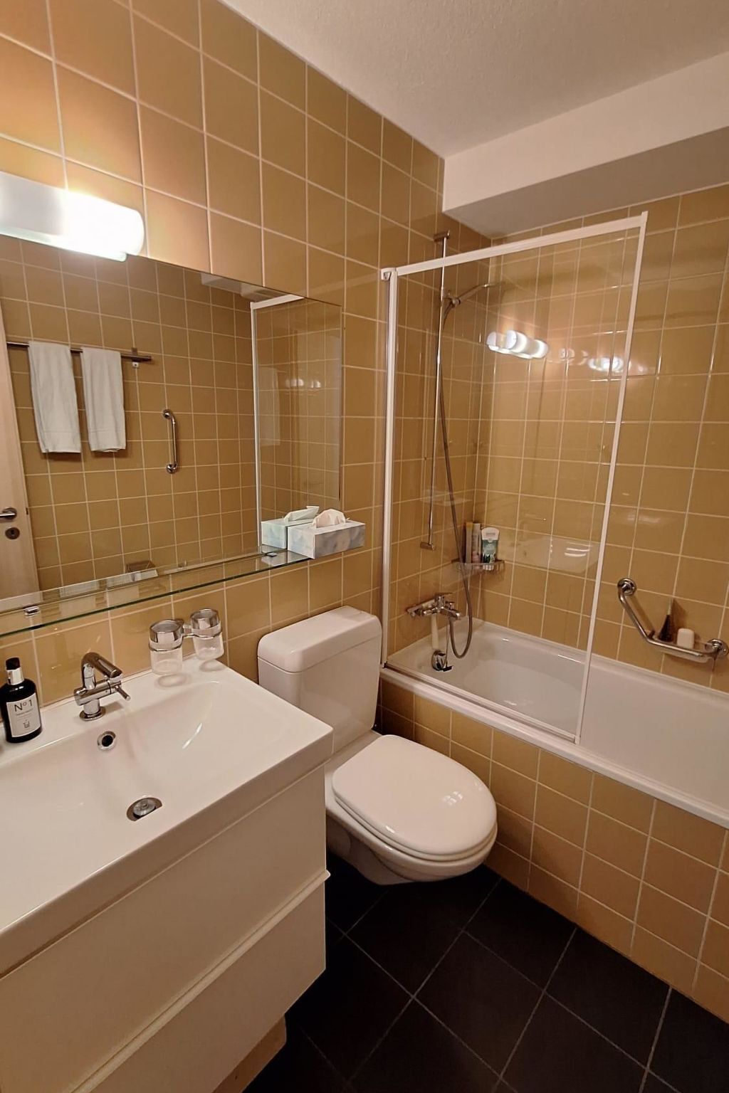 Ein Badezimmer mit Waschbecken, Toilette und Dusche.