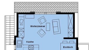 Ein Grundriss eines Hotels mit beschrifteten Räumen, darunter eine Küche, ein Wohnzimmer, ein Badezimmer, eine Toilette und zwei Schlafzimmer.