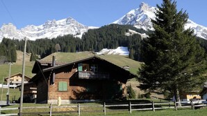 Eine Holzhütte mit Balkon, umgeben von einem eingezäunten Hof, vor einer Kulisse schneebedeckter Berge und klarem Himmel.