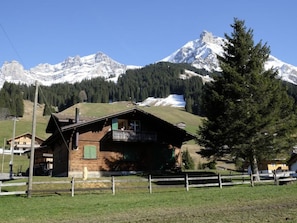 Eine Holzhütte mit Balkon, umgeben von einem eingezäunten Hof, vor einer Kulisse schneebedeckter Berge und klarem Himmel.