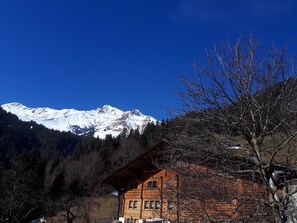 A mountain with snow-capped peaks, a red-roofed building, and a leafless tree in the foreground. - Wanni Appartement/Fewo, Bad, WC, 3 Schlafräume 4-Zimmerwohnung by Interhome (Frutigen)