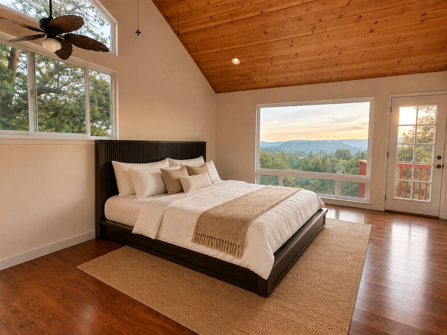 Un dormitorio con una cama grande, un ventilador de techo y vistas a un paisaje montañoso a través de un ventanal corredero.