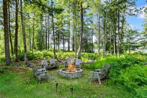 Ein Wald mit Feuerstelle und Sitzgelegenheiten.