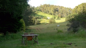 A grassy field with a wooden table and chairs, a fence, and a distant view of trees and a hill.