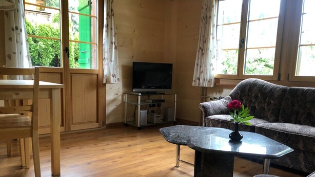 A living room with a wooden floor, a sofa, a coffee table, a TV, and a window with curtains. - Träumli Appartement/Fewo, Dusche oder Bad, WC, 1 Schlafraum 2-Bett-Wohnung by Interhome (Lenk)