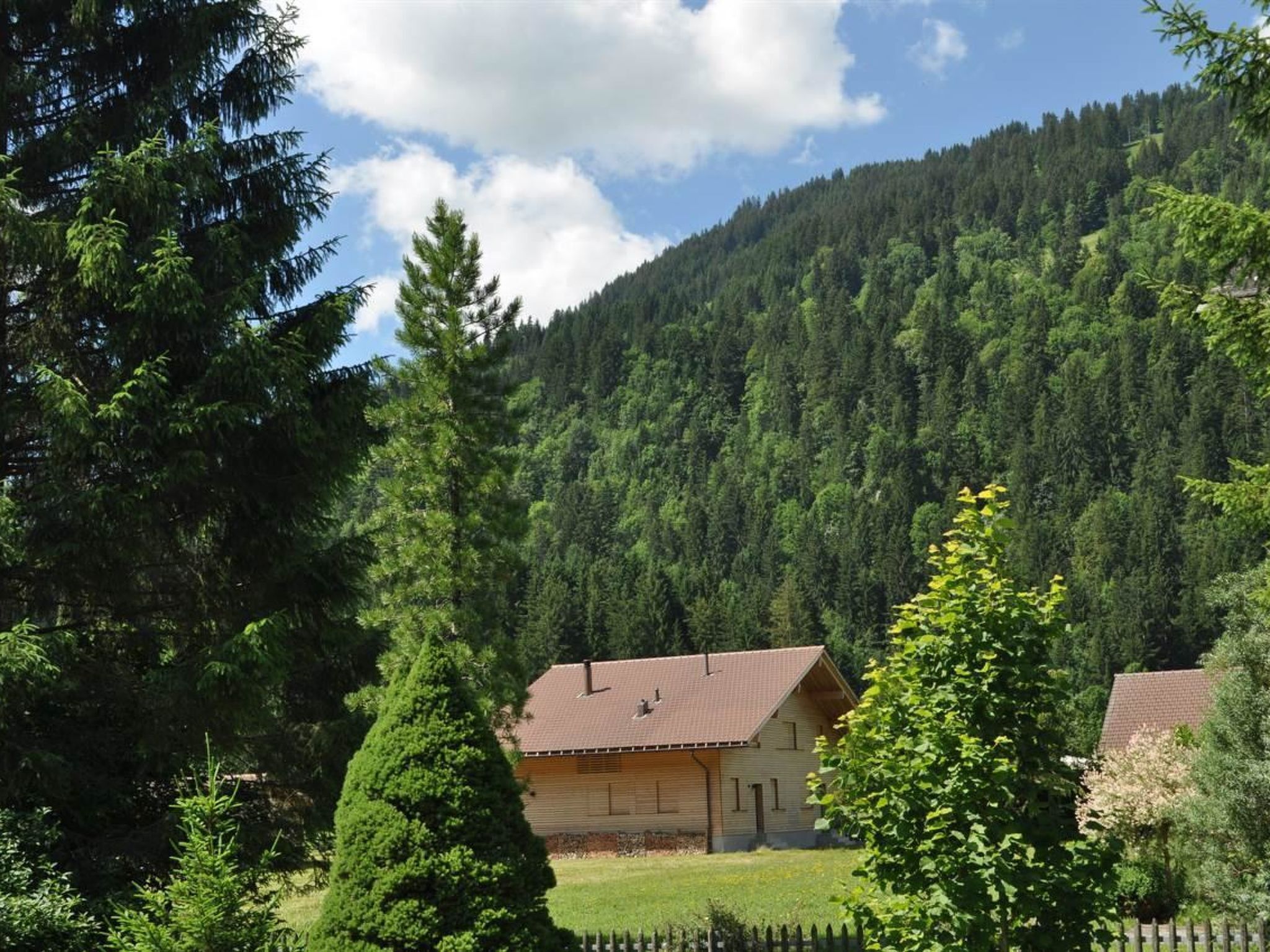Ein Haus mit geneigtem Dach, umgeben von dichtem Wald und einem Berg im Hintergrund.