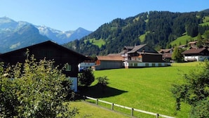 Un village rural avec des maisons traditionnelles, un champ verdoyant et des montagnes en arrière-plan.
