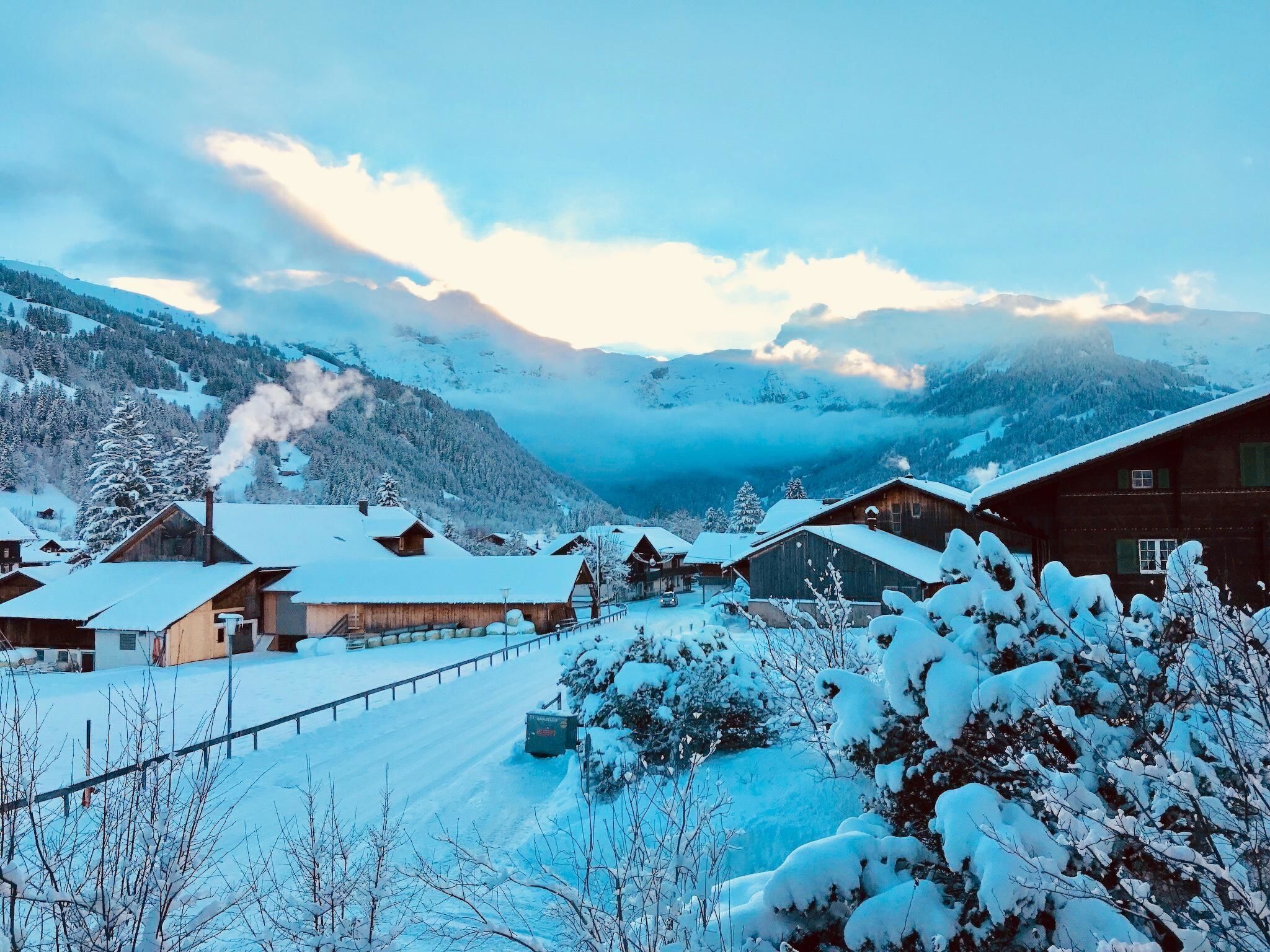 A snow-covered village with traditional wooden houses, a clear sky, and mountains in the background.