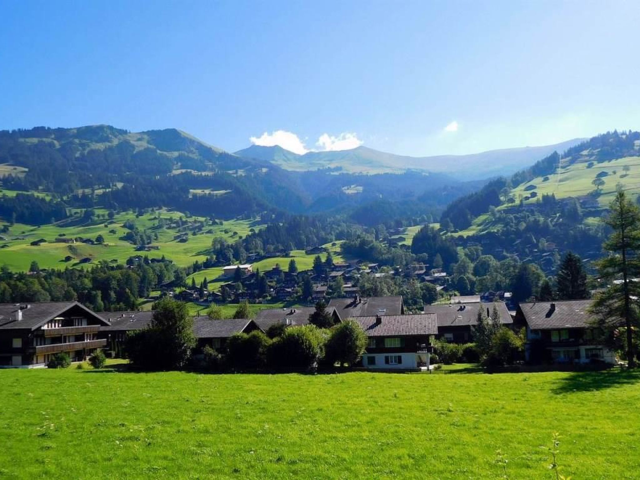Een landelijk landschap met een vallei, huizen en bergen op de achtergrond.