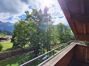 Ein Balkon mit Blick auf eine gebirgige Landschaft, einem Holgitter und einem wolkenlosen Himmel.