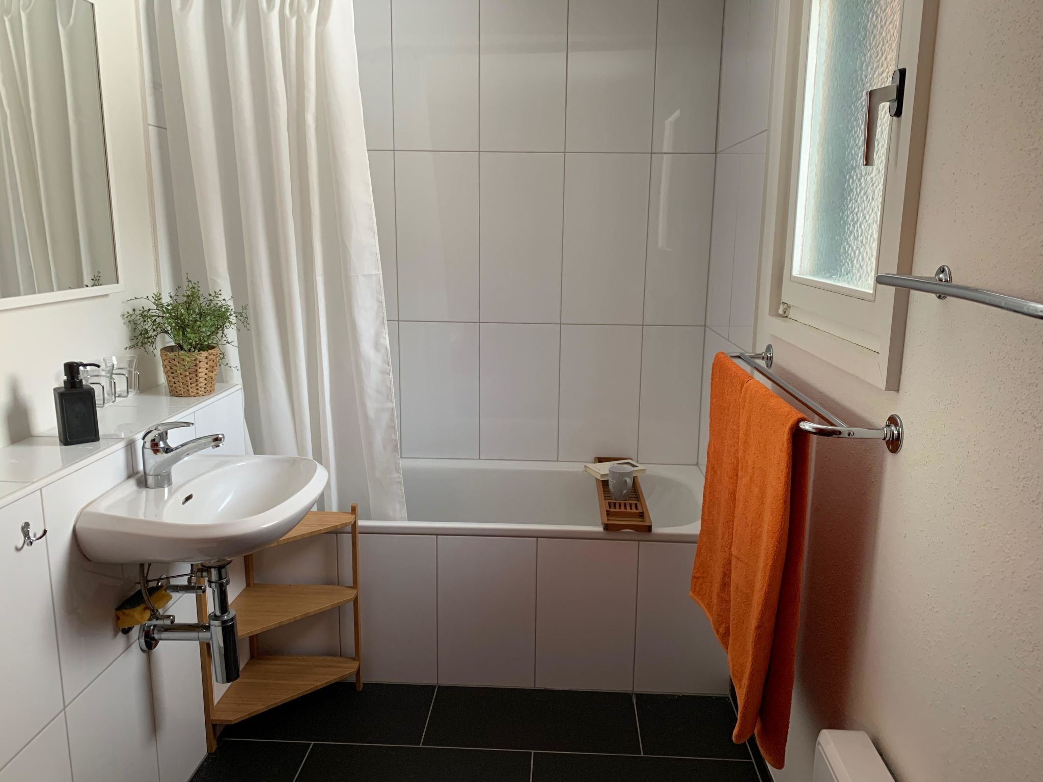 A bathroom with a white sink, a bathtub, a towel rack, and a potted plant.