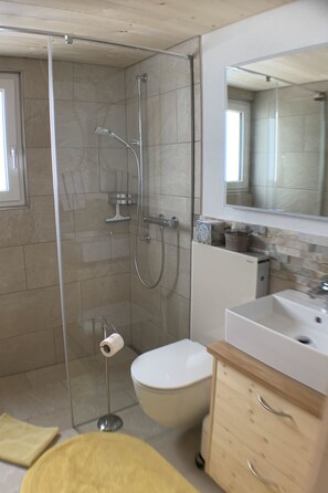 A modern bathroom with a glass shower enclosure, a toilet, a sink, and a mirror. - Meieli Appartement/Fewo, Dusche oder Bad, WC, 1 Schlafraum 2-Bett-Wohnung by Interhome (Lenk)