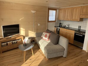 A cozy living room with a flat-screen TV, a grey sofa with patterned cushions, a small wooden coffee table, and a floor lamp. - Meieli Appartement/Fewo, Dusche oder Bad, WC, 1 Schlafraum 2-Bett-Wohnung by Interhome (Lenk)