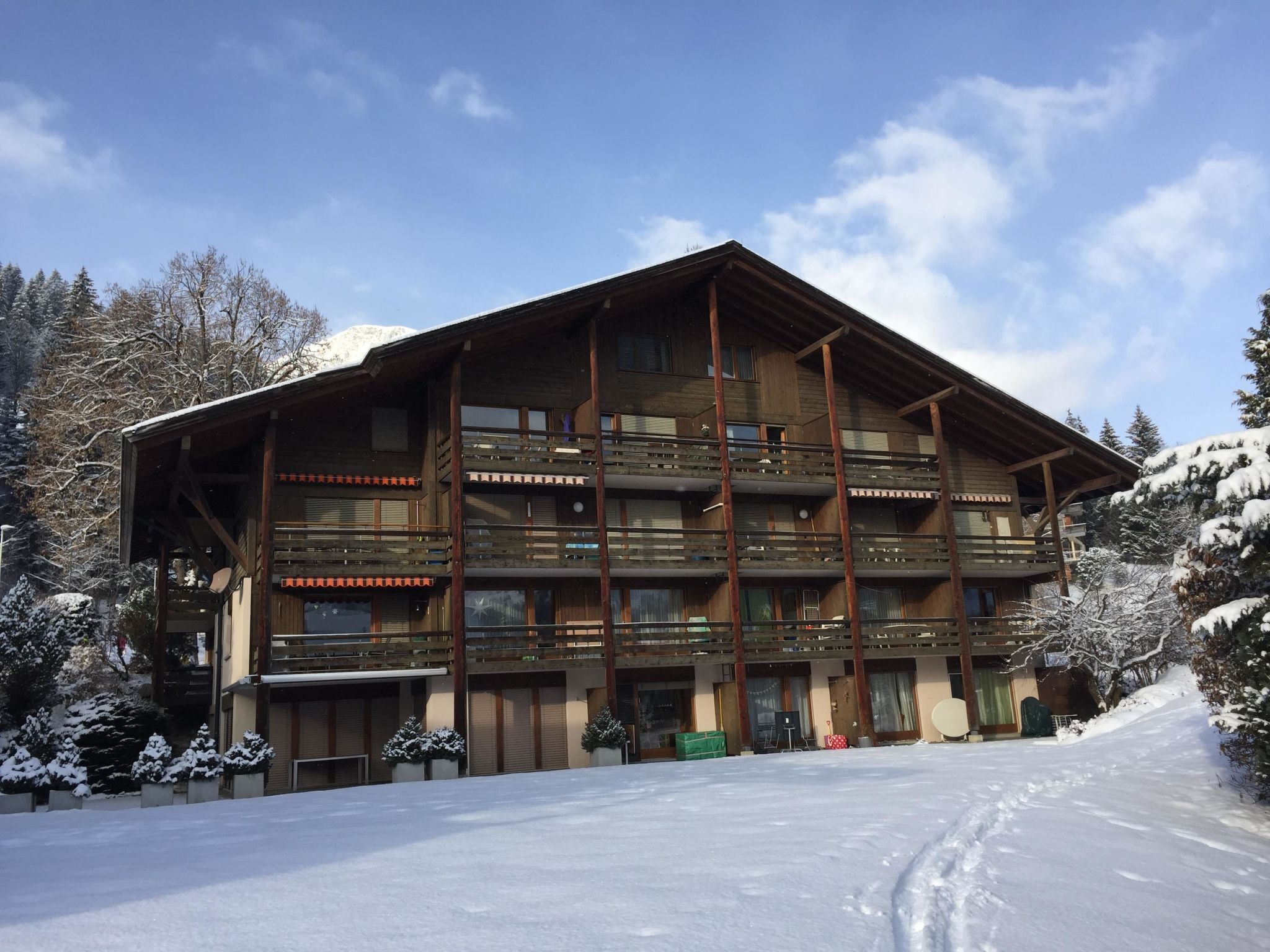 Un edificio de madera de varios pisos con balcones, rodeado de árboles cubiertos de nieve.