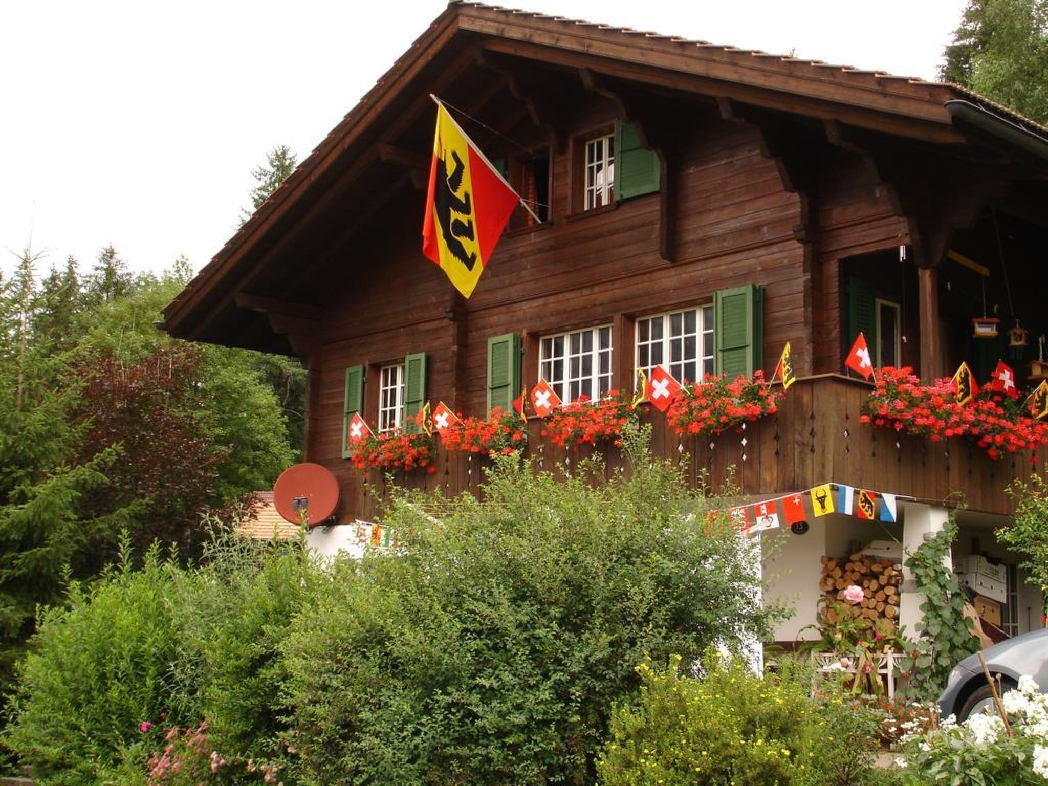 Een houten chalet met een schuin dak, groene luiken en een vlag.