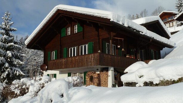 A wooden chalet with a balcony, surrounded by snow-covered trees. - Bach Appartement/Fewo, Dusche oder Bad, WC, 1 Schlafraum 2-Bett-Wohnung by Interhome (Lenk)