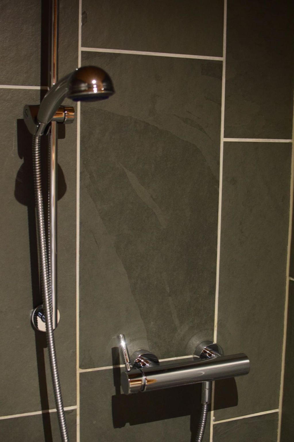 A shower with a handheld showerhead and a fixed wall-mounted faucet.