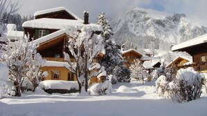 A snow-covered mountain village with wooden houses and a prominent mountain in the background. - Gwunderstübli Appartement/Fewo, Dusche oder Bad, WC, Wohn-/Schlafraum by Interhome (Lenk)