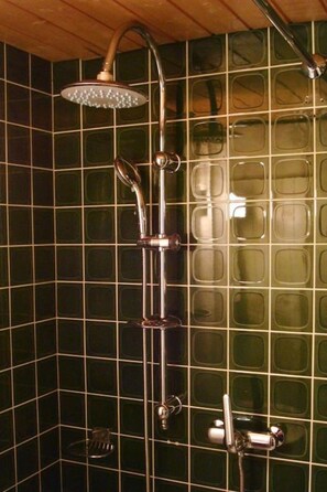 Eine Dusche mit Handbrause und Wandarmatur.