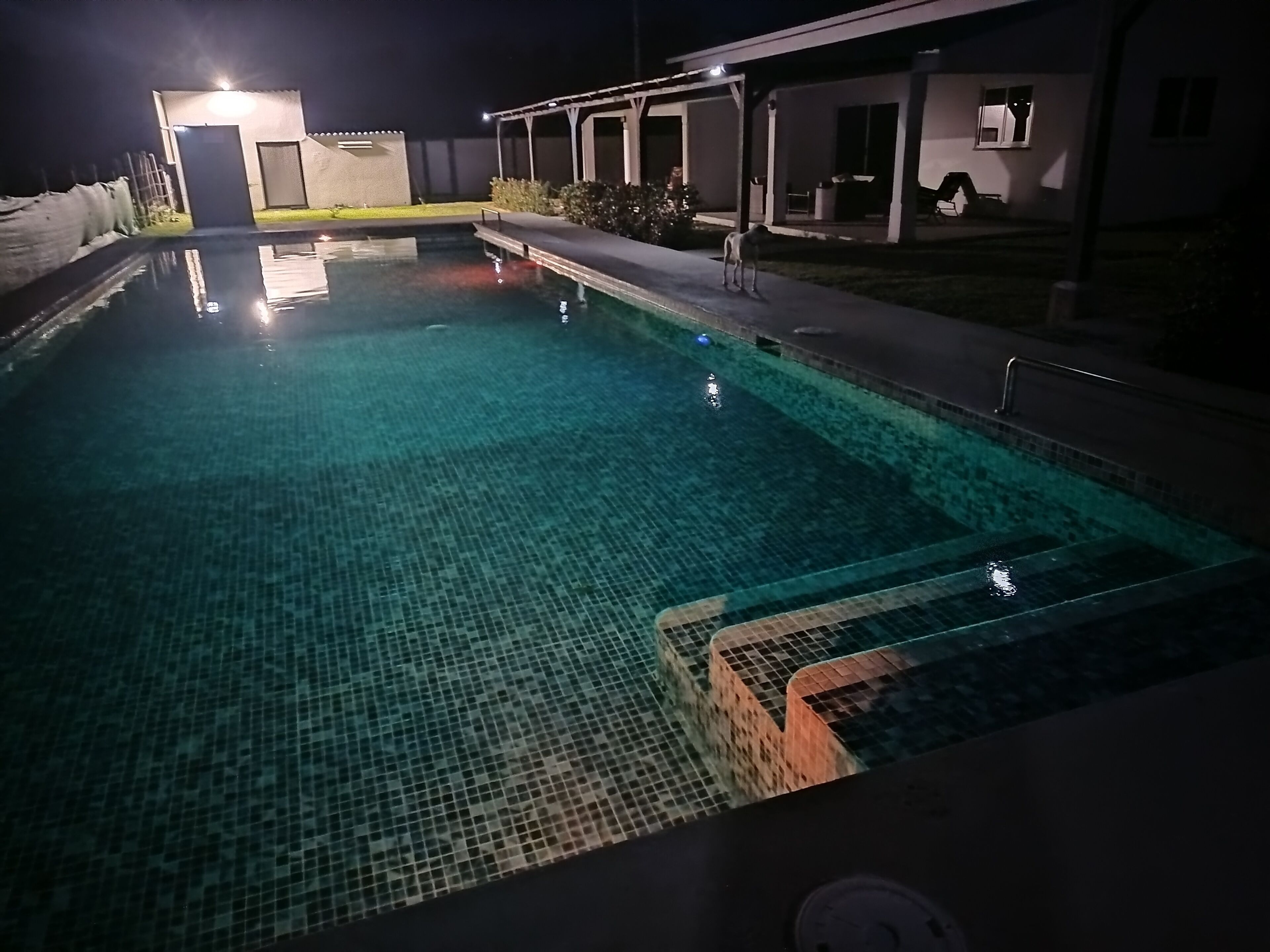 Una piscina nocturna con agua cristalina, rodeada por un área de terraza techada.