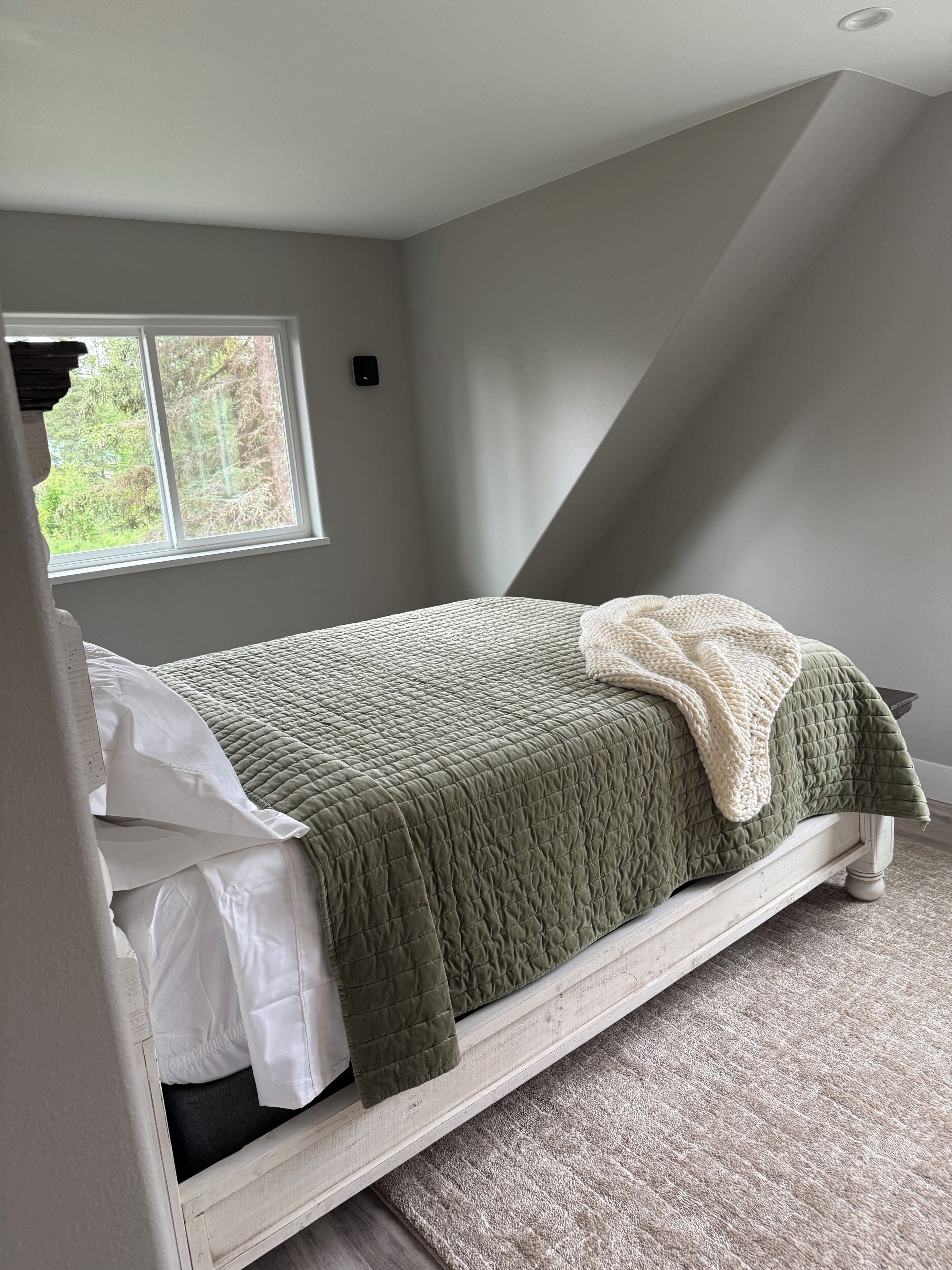 Une chambre à coucher avec un lit, une fenêtre et un luminaire au plafond.