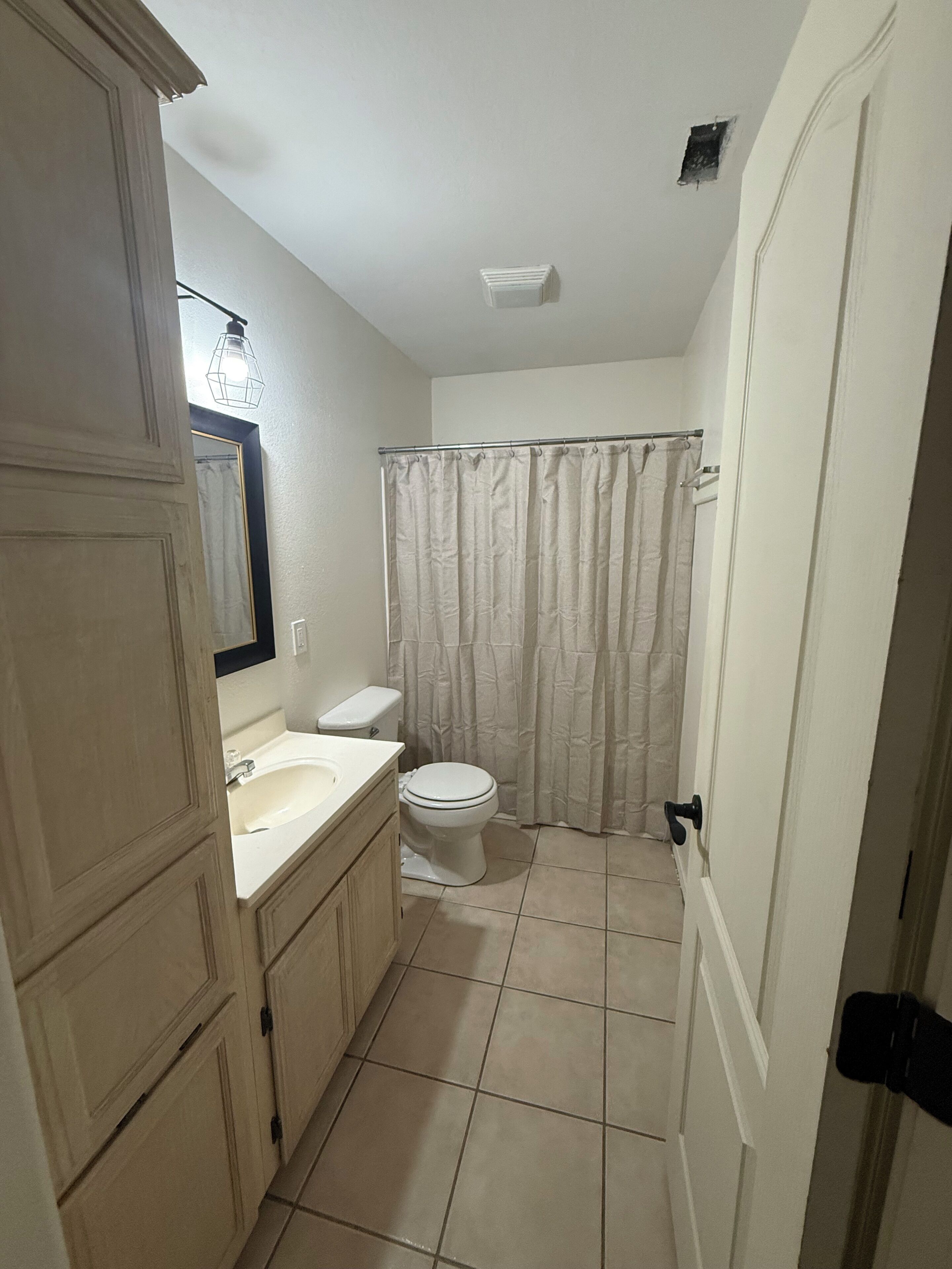 A bathroom with a sink, toilet, and shower curtain.