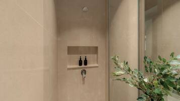 Un baño con mampara de ducha de vidrio, un estante empotrado con dos botellas y una planta en maceta.