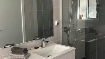 Hair dryer, towels, soap, toilet paper