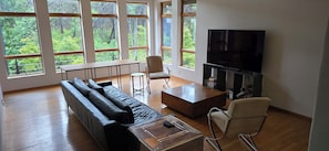 Ein Wohnzimmer mit Sofa, Sesseln, Couchtisch und Fernseher. Große Fenster bieten Blick auf Bäume.