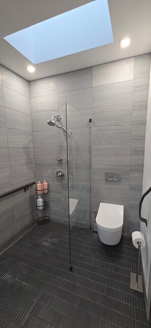 Ein modernes Badezimmer mit Oberlicht, einer gläsernen Dusche, einer Toilette und einem Handtuchhalter.