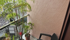 A balcony with a potted plant, a chair, and a textured wall.