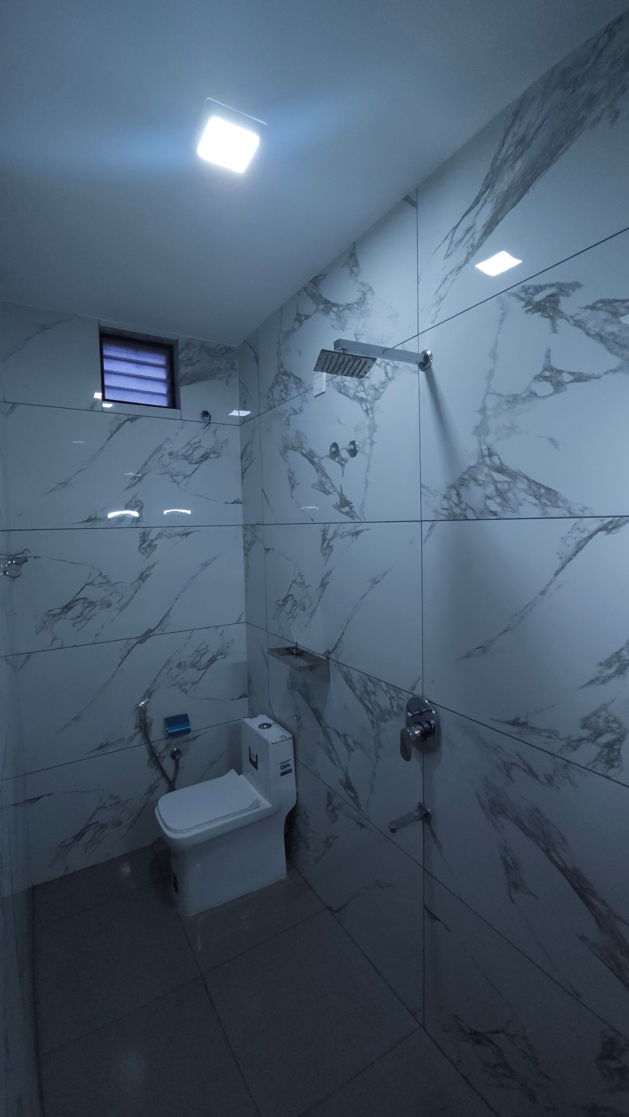 Une salle de bain avec des murs en marbre, une douche et des toilettes.