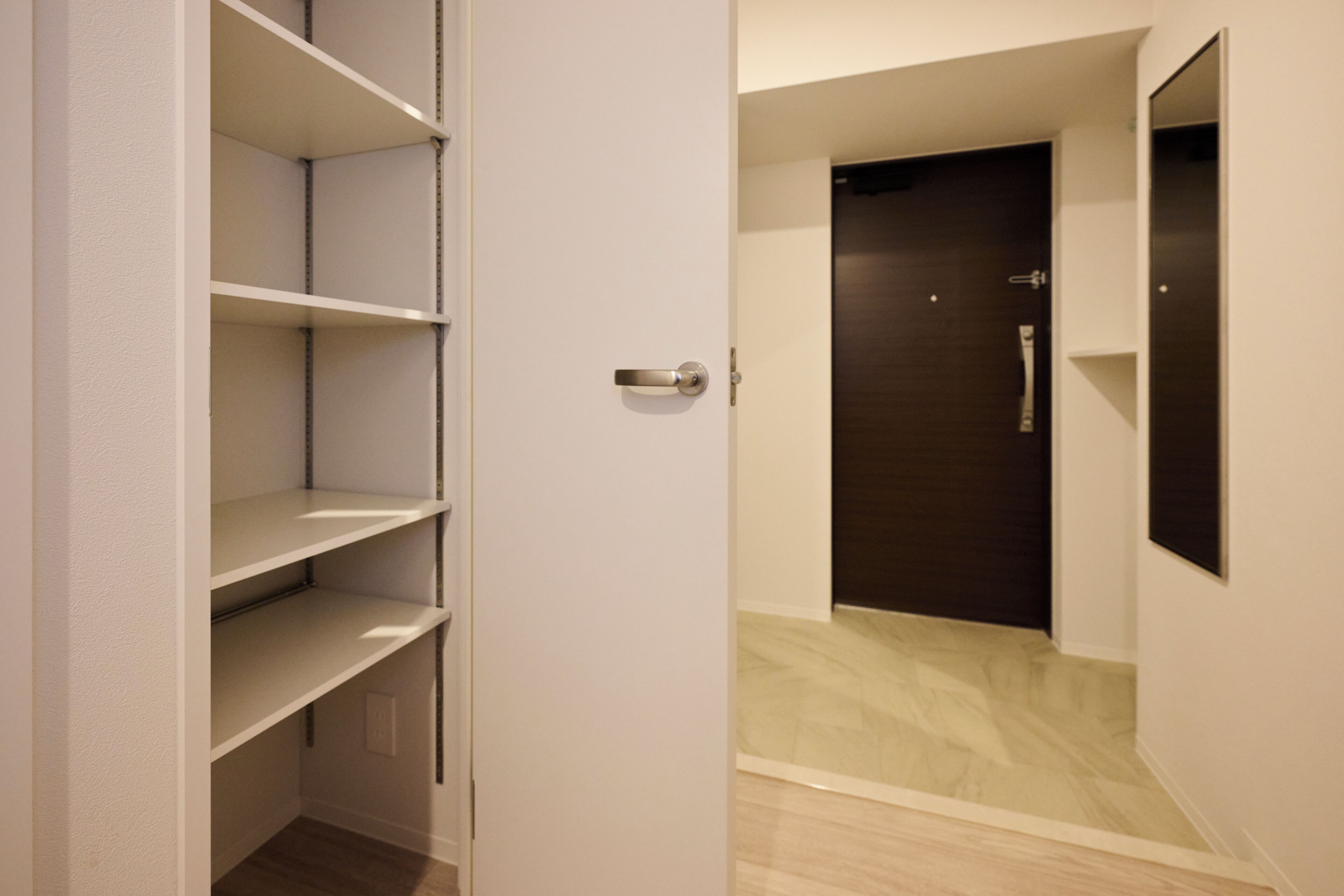 A room with a white door, a dark wooden door, and a white wall with a light switch.
