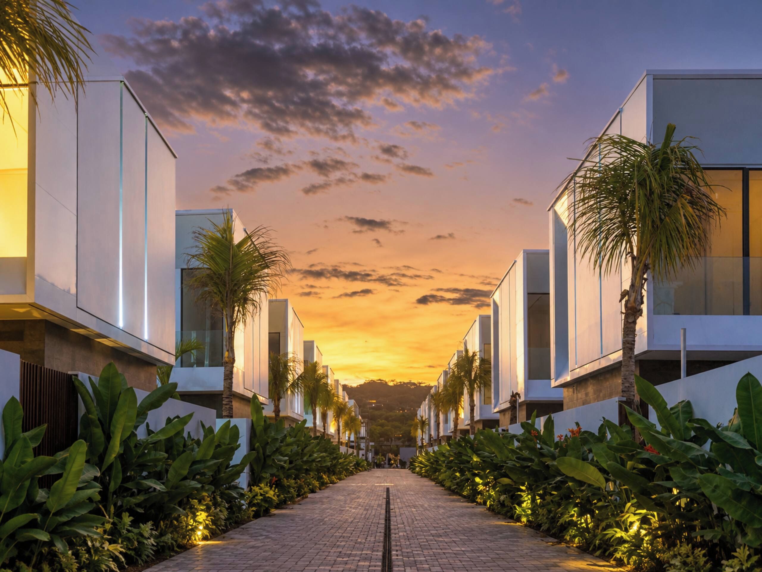 Un sentier bordé de bâtiments modernes et d’une végétation luxuriante, qui mène vers un coucher de soleil.