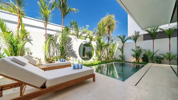 A modern outdoor pool area with lounge chairs and tropical plants.