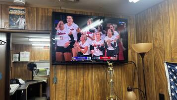 A room with a television displaying a sports event, a trophy, and wooden paneling.
