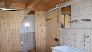 Puisella lattialla varustettu kylpyhuone, jossa on valkoinen pesuallas, peili ja wc-istuin.