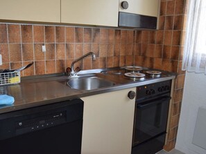 A compact kitchen with a dishwasher, double sink, and oven. - Steinbock # 2 Appartement/Fewo, Dusche oder Bad, WC, 1 Schlafraum 4-Bett-Wohnung by Interhome (Lenk)