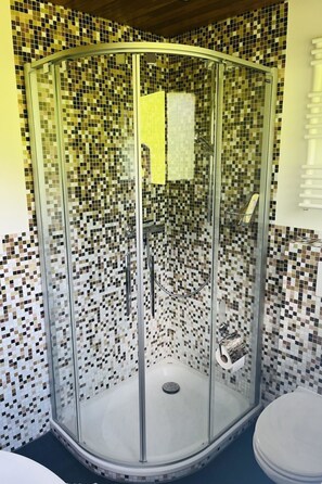 Eine gläserne Dusche mit einer Wand aus Fliesenmosaik.