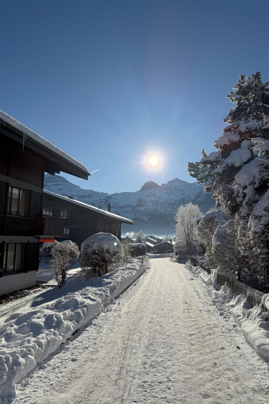 A snow-covered path leading to a mountain, with a building on the left and snow-laden trees on the right.