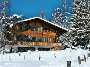 A wooden chalet with a sloped roof, surrounded by snow-covered trees. - Am Brüggli # 1 Appartement/Fewo, Dusche, WC, Erdgeschoß/Parterre 2-Bett-Wohnung by Interhome (Lenk)
