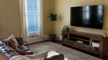 A living room with a leather sofa, a flat-screen TV, and a potted plant.