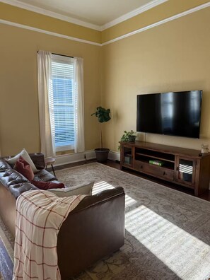 A living room with a leather sofa, a flat-screen TV, and a potted plant.