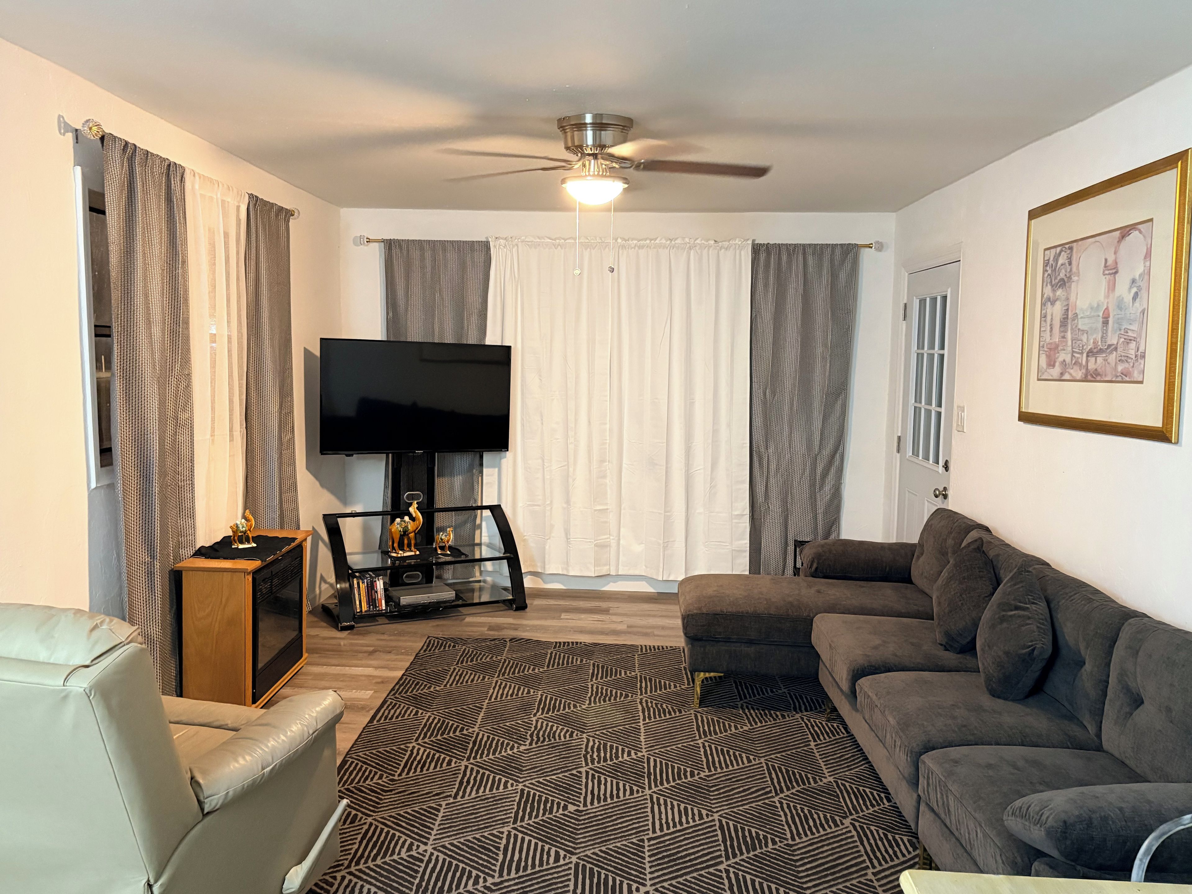 A living room with a sofa, a television, a ceiling fan, and a patterned rug.