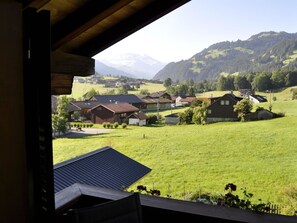 Blick aus einem Fenster auf eine ländliche Landschaft mit Häusern, einem grünen Feld und Bergen in der Ferne.