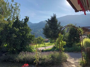 Ein Garten mit Kiesweg, verschiedenen Pflanzen und Blick auf ferne Berge.