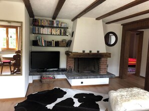 Ein gemütliches Wohnzimmer mit Kamin, Fernseher und Bücherregal.